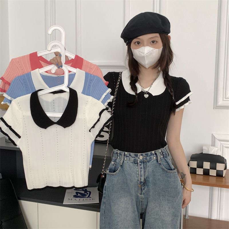 1LDK พร้อมส่ง เสื้อไหมพรม แขนสั้นระบาย คอตุ๊กตา สไตล์ลูกคุณ ผ้านิ่ม(X018)