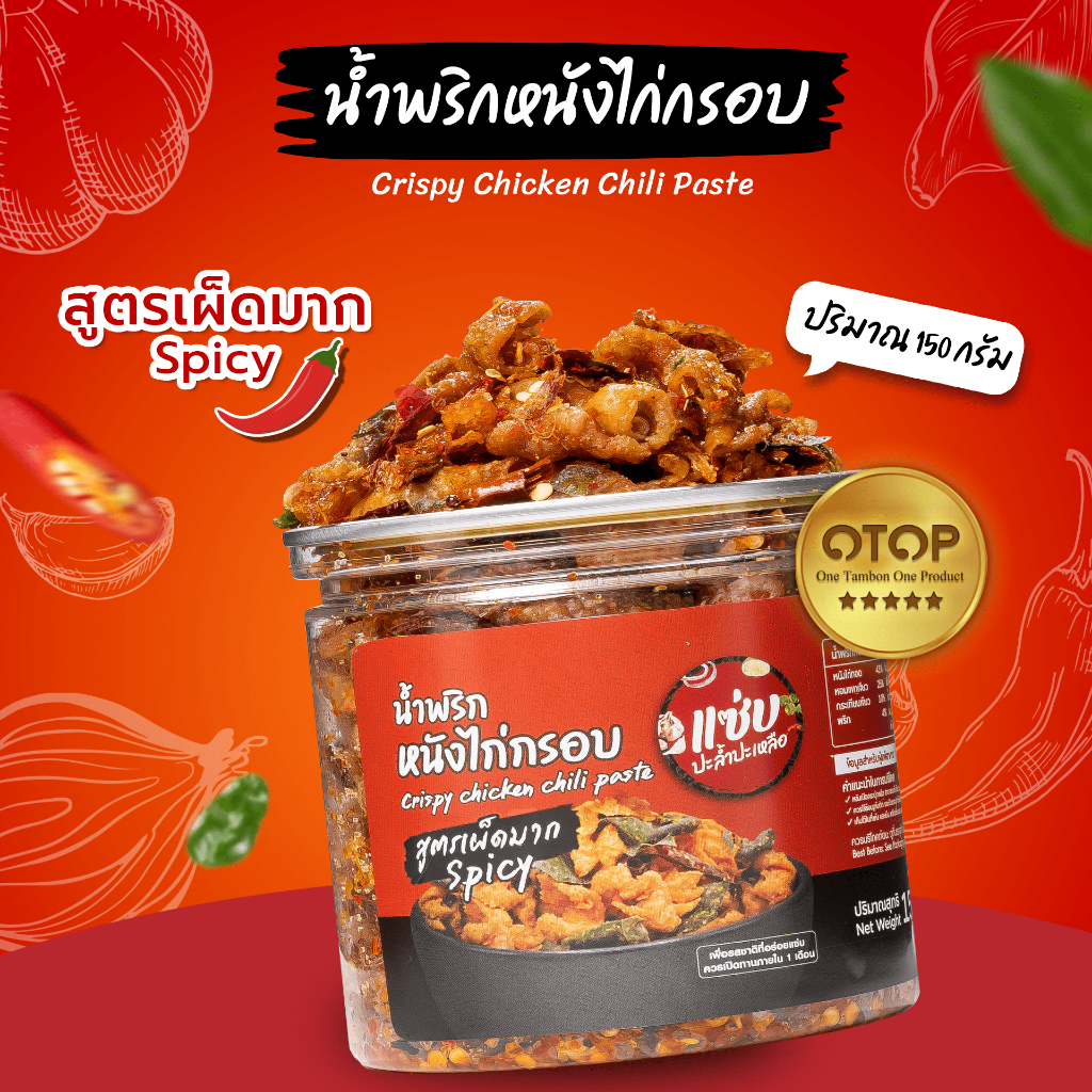 น้ำพริกหนังไก่กรอบ ขนาด 150 กรัม แบบกระปุก แซ่บปะล้ำปะเหลือ