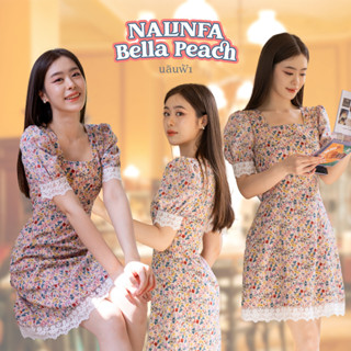 NALINFA Bella Peach -  เดรสคอสี่เหลี่ยมสีพีชลายดอกไม้ กระโปรงทรงเอ แต่งลูกไม้ By Nalinfa