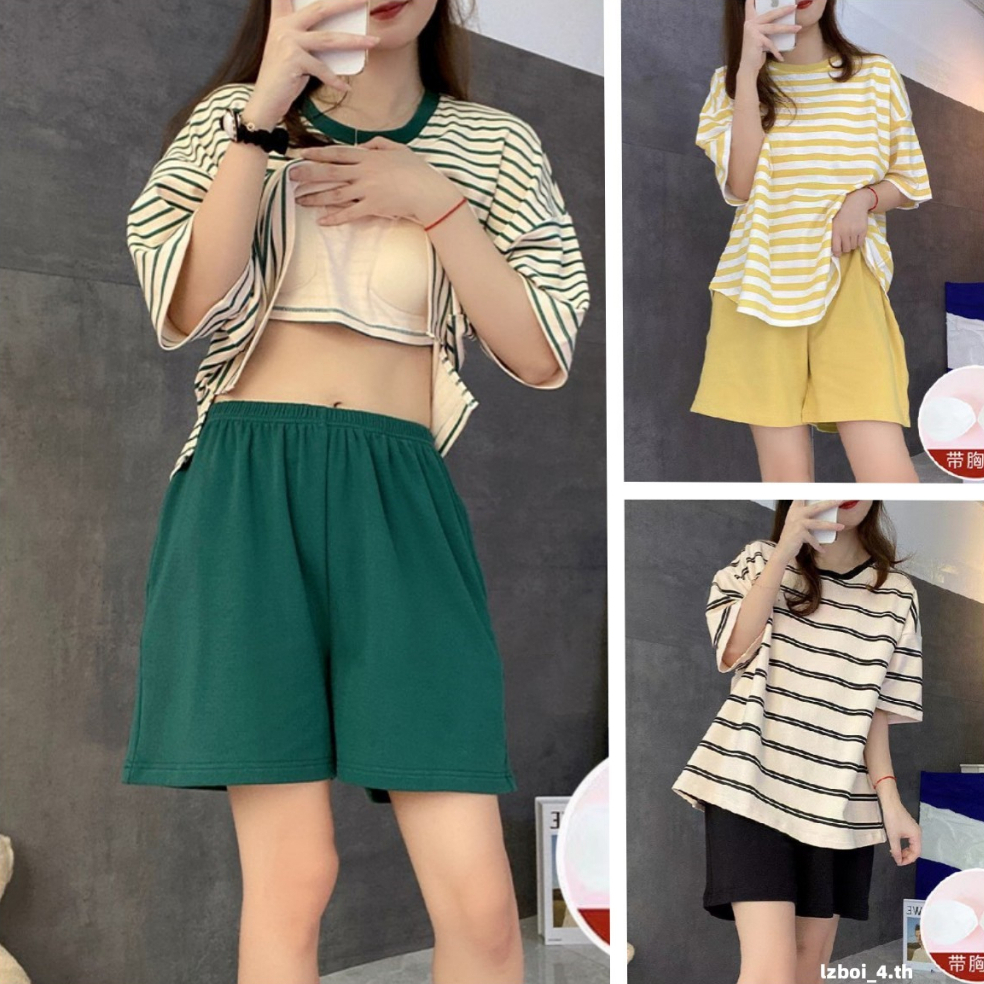 พร้อมส่ง (พร้อมฟองน้ํา) ราคาถูกที่สุด ชุดนอนผ้าฝ้ายนิ่ม ลายทาง 4 สี 3 ชิ้น กางเกงขาสั้น + เสื้อเชิ้ต + ฟองน้ํา M-2Xl