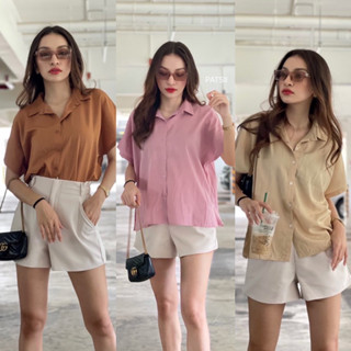 🪟เสื้อเชิ้ตเกาหลี Oversizeผู้หญิง ไหล่ล้ำ ผ้าดีเงาสวย เบาสบายไม่ร้อน