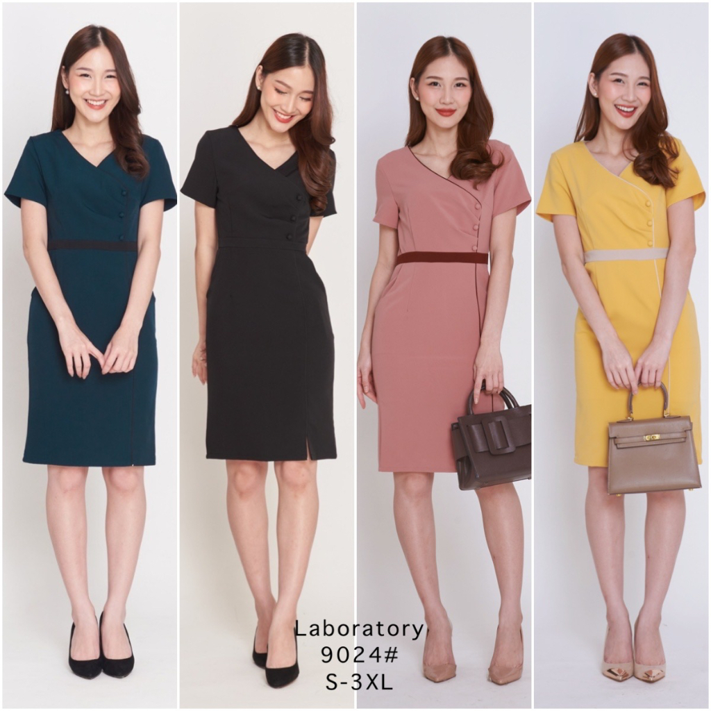 Laboratory 9024เดรสคอวีทรงป้ายหน้าแต่งกระดุมสีพื้น มีไซส์ รูปที่ 2