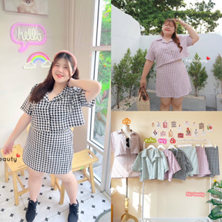 F0082 Set เสื้อครอปเชิ้ตลายสก๊อต มาพร้อมกับกระโปรงสั้น plussize สาวอวบ