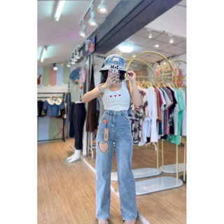 Nina jeans 👉👖พร้อมส่ง กางเกงยีนส์เอวสูงผ้ายืด ทรงกระบอกใหญ่ ❤️‍🔥