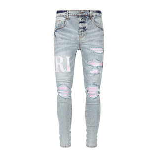 AMIRI New Washed Old Destroyed Side Pink Patchwork Blue Jeans