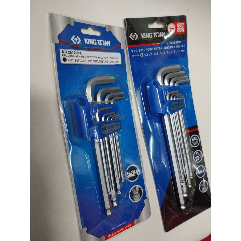 KINGTONY กุญแจหกเหลี่ยมหัวบอลเตเปอร์ 9ตัว/ชุด KINGTONY รุ่น 20129SR (1/16"-3/8") และ KINGTONY รุ่น 20109MR (1.5-10)
