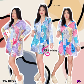 👗Pfashion [ส่งไวมาก🚛] P18722 เดรสแขนยาว กระดุมหน้าสม็อคข้างเอว พิมพ์ลาย