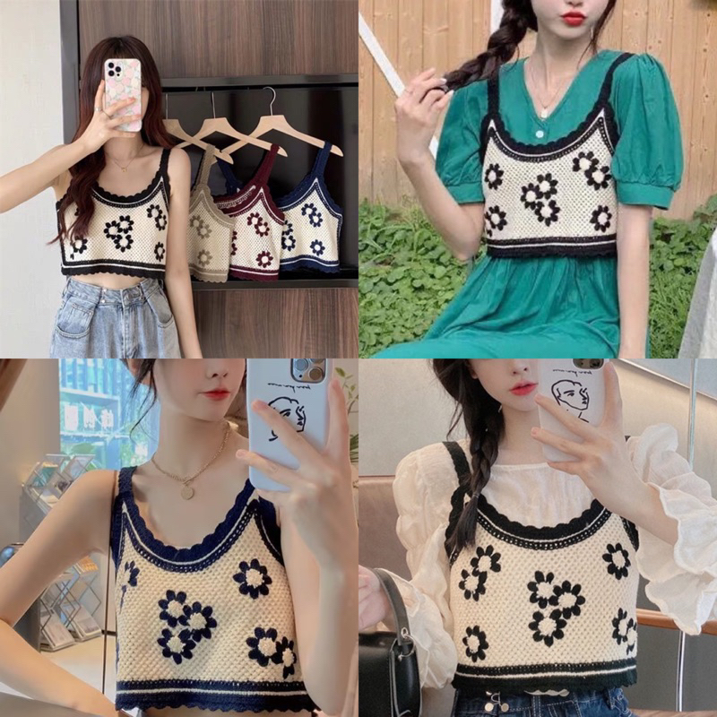Unicorny ส่งจากไทย สั่งเลย เสื้อสายเดี่ยวไหมพรม ถักลายดอกไม้4สี ไม่มีฟองน้ำ เสื้อครอปถัก สไตล์โบฮีเมียน