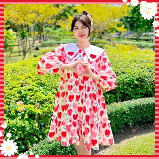 Sweetheart Dress เดรสคอบัวลายหัวใจ โทนสีแดง แขนยาว สีสวยลายชัด น่ารักมาก เดรสฟรุ้งฟริ้ง งานป้ายypy