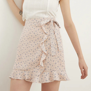 Pomelo กระโปรงลายดอกไม้ สีชมพูม่วง Flower Print Wrapped Mini Skirt - Pink ไซส์ L