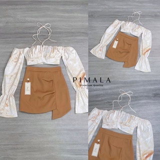 เซตเสื้อครอปเปิดไหล่แขนยาว และกระโปรง (D169) pimala