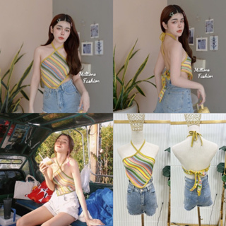 🎊mnv_shop🎊 พร้อมส่ง ‼️( รุ่นใบ )เสื้อครอปท็อป คล้องคอ/ผูกหลังแซ่บๆ ลายทาง ใส่ไปทะเล งานผ้าทอ ทรงสวย ใส่ไปเที่ยวแบบปังๆ