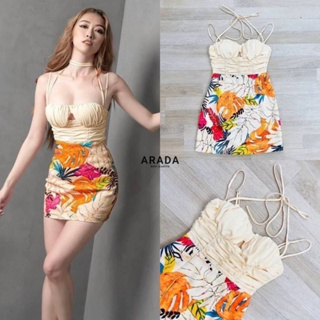 ❣️พร้อมส่ง📍ARADA Minidress สายเดี่ยว สวยเเซ่บShowคร่า Httpโปรงพิมลายใบไม้หลากสีสัน