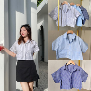 เสื้อครอปลายริ้วแขนสั้น คอปกใส่ไม่ร้อน
