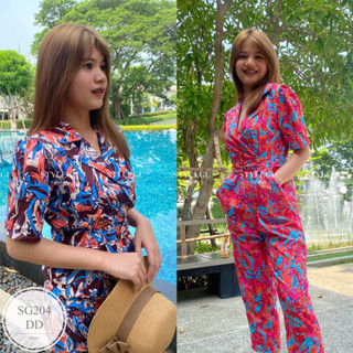 SS204 Jumpsuit ชุดจั้มสูทปกสูทขายาว พิมลายกราฟฟิกดอกไม้ มีกระเป๋าล้วง 2 ข้าง