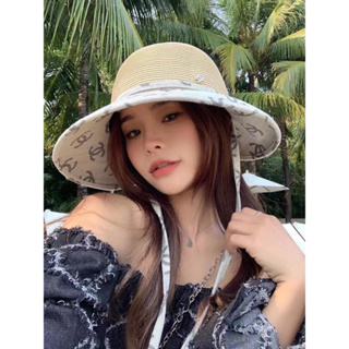 2สี SUMMER HAT หมวกปีกกว้าง ทรงสานสวยมาก แต่งผ้าแคนวาส ลายlogo ผูกช่วงคอ งานสวย ชาแนล