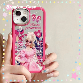 🌷Braylon🌷จัดส่งภายใน24ชม ขอบเต็ม iphone 11 14 pro max ขอบสีชมพู ตุ๊กตาบาร์บี้ พื้นผิวกระจก หวานสวย case for iPhone 12 13