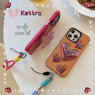 💜Kettra💜ป้องกันการหล่น ขอบเต็ม พร้อมโซ่ iPhone 11 14 pro max รูปหัวใจ ขาตั้ง ถอดได้ สีชมพู รุ่นคู่ case for iPhone 12 13