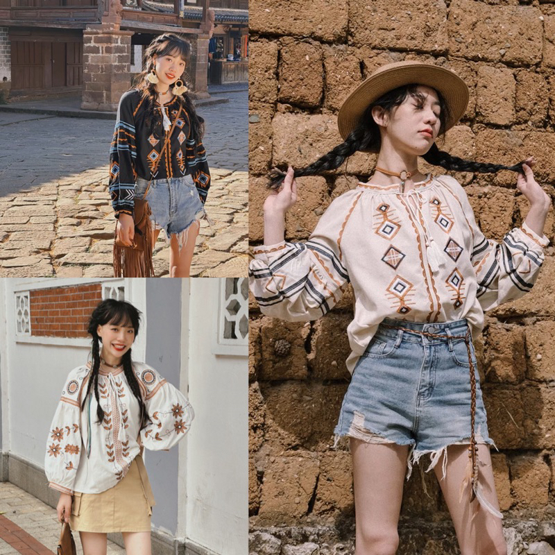 [พร้อมส่ง] เสื้อปักลายโบฮีเมียน  เสื้อพื้นเมืองปักลูกไม้ เสื้อโบฮีเมียนผู้หญิง