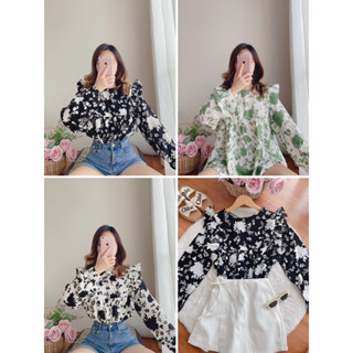 เสื้อคอจีนแขนพองยาว ผ้าสวย ลื่นใส่สบายมากก ลายใบไม้