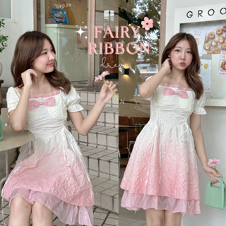 🩰Fairy ribbon dress🎀เดรสแขนตุ๊กตาไล่โทนสี ชมพูครีม