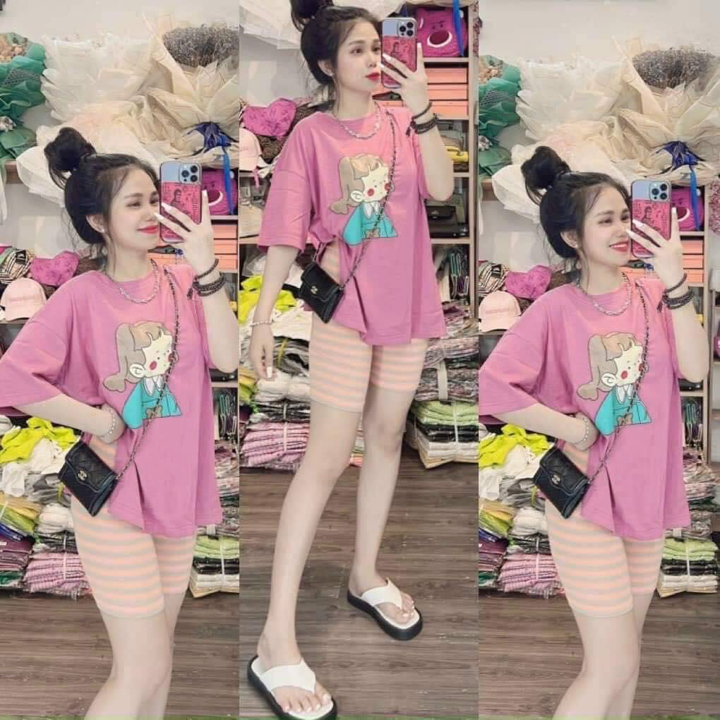 S80 ชุดเซ็ต 2 ชิ้น เสื้อแหวกข้าง สกรีนลายเด็กผู้หญิง กางเกงขาสั้น ลายขวาง