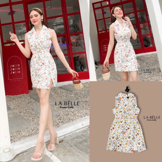 Code : M8 LABELLE Dress เดรสสั้น ปกสูท แขนกุด ลายดอก กระโปรงผ่าหน้า ไซส์ S-XL