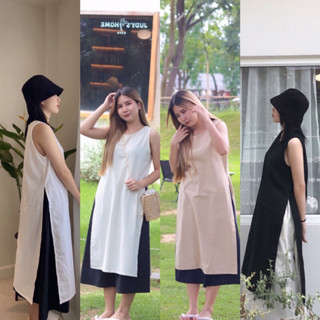 โค้ด WYNZHR ลด 75.- 𝑆𝑎𝑖𝑙𝑜𝑚 (สายลม) (1 ชิ้น ตัวด้านนอก) เดรสแขนกุดแหวกด้านข้างผ้าฝ้าย