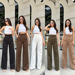 Claudia classy pant กางเกงขากระบอกเเต่งขอบเอวชั้น ป้าย PROMTHONG