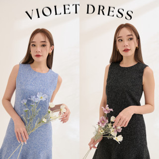 VITAVADEE Violet Dress Limited ชุดเดรสคอกลมแขนกุด ตัดต่อระบายชาย