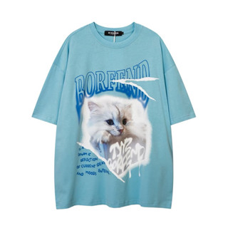 Spenzer.street | 🖤  Blue cat tee โอเวอร์ไซส์ เสื้อผ้าสตรีท เกาหลี y2k แฟชั่น ทราวิส 2pac ฮิต 2023 มาใหม่