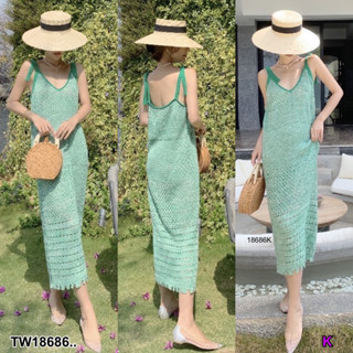 J18686 เดรสยาวแขนกุด ผ้าถัก Long sleeveless knit dress