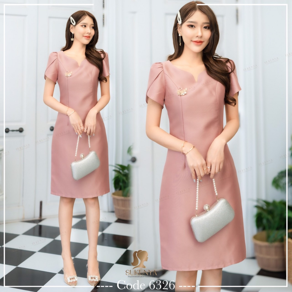 รหัส6326งานชุดเดรสผ้าไหมญี่ปุ่นอัดกาว คอหัวใจ ทรงแขนทิวลิป ตัวชุดมีซับในให้อย่างดี