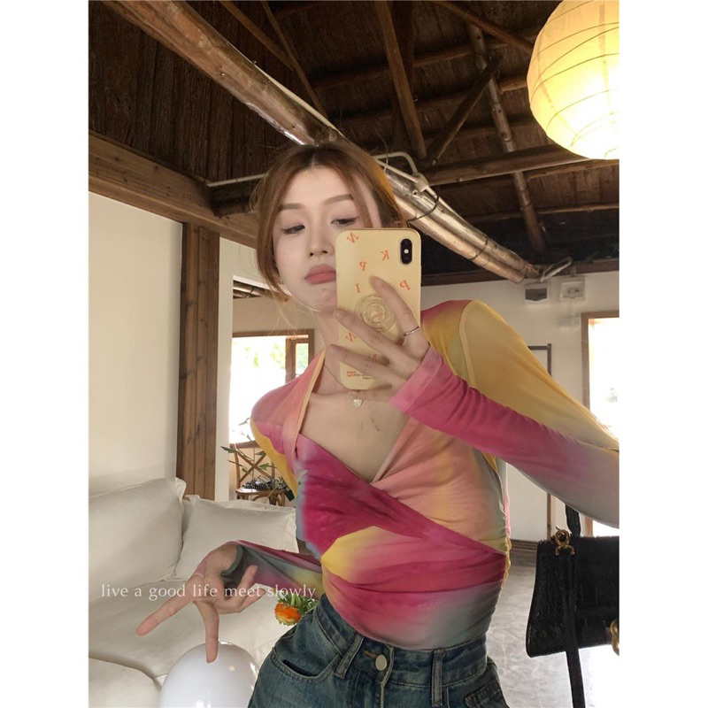 พร้อมส่ว ผ้าตาข่ายแขนยาวสีรุ้งทรงบิดหน้า ราคา ถูกที่สุด ดีลบีเคเค แกลเลอรีภาพที่ 4