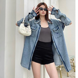 ใส่ได้ 2 แบบ ถอดแขนได้ DENIM เสื้อเชิ้ต มินิเดรส แต่งกระเป๋าหน้า ปักอักษร กระดุมปั้มแน่นๆ พราด้า ปราด้า