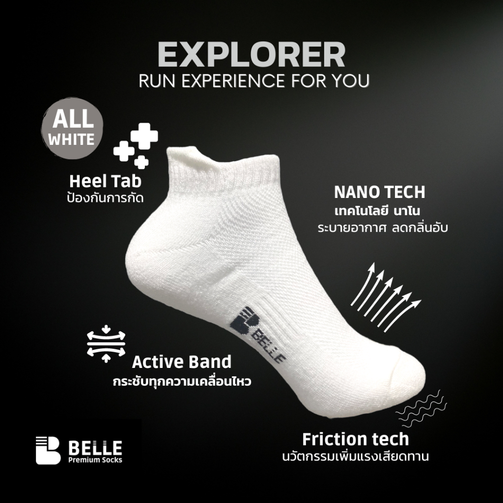 (แพ็ค4/6คู่)ถุงเท้าวิ่ง BELLE รุ่น Explorer พร้อมแถบกันรองเท้ากัด No.1เรื่องความคงทน