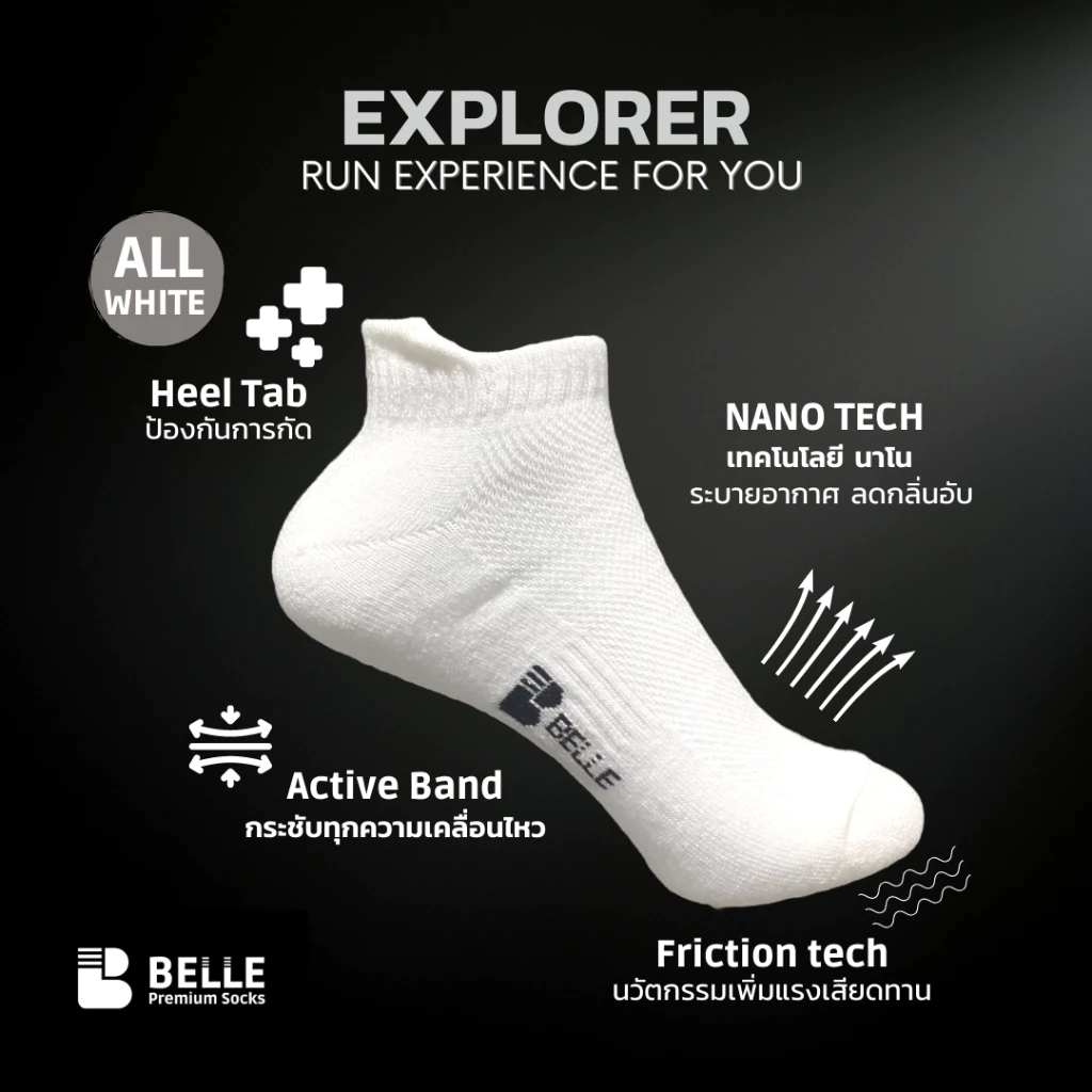 (แพ็ค4/6คู่)ถุงเท้าวิ่ง BELLE รุ่น Explorer พร้อมแถบกันรองเท้ากัด No.1เรื่องความคงทน