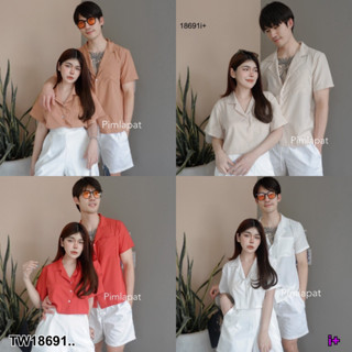 J18691 set ชุดคู่รัก เสื้อเชิ้ตแขนสั้น + เสื้อครอป couple set short sleeve shirt + crop top