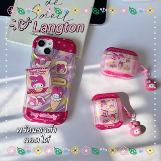 🌈Langton🌸ป้องกันการหล่น iphone 11 14 pro max ขาตั้ง ถอดได้ เส้นขอบโปร่งใส การ์ตูน เมโลดี้ สีชมพู case for iPhone 12 13