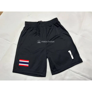 กางเกงฟุตบอลสีดำ สกรีนธงชาติและหมายเลข ผ้าระบายอากาศดี ผ้าใส่สบาย กางเกงกีฬา ผ้าไมโคร กางเกงบอล