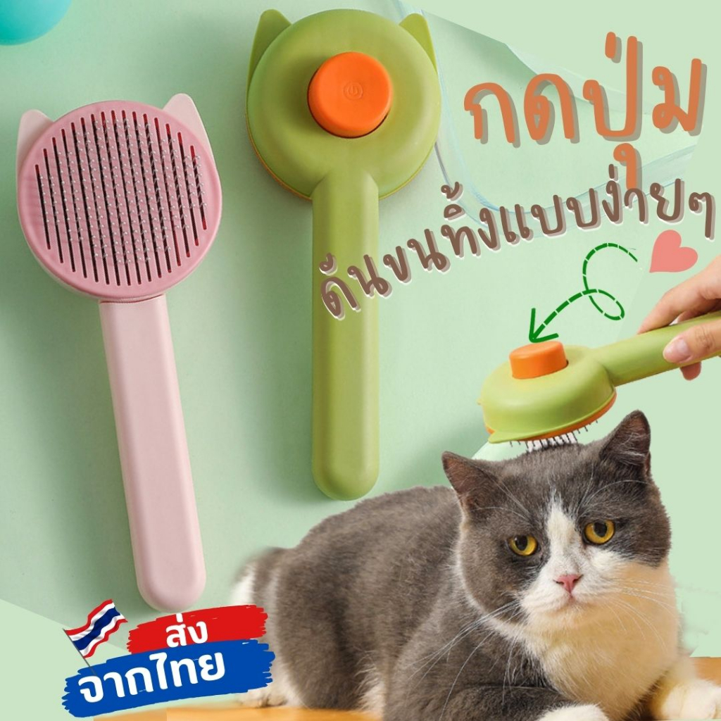 หวีดันขน ทูโทน หวีขนขนแมว สุนัข  มีปุ่มกดเพื่อดันขนทิ้ง พร้อมส่งจากไทย