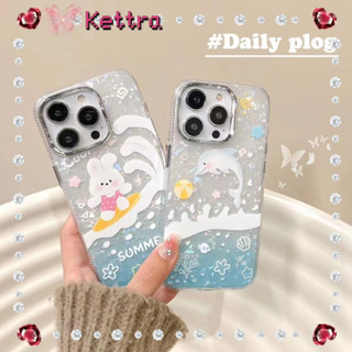 💜Kettra💜ป้องกันการหล่น ขอบเต็ม iPhone 11 14 pro max การ์ตูน กระต่าย ปลาโลมา รุ่นคู่ เคสใส น่ารัก case for iPhone 12 13