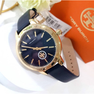 (ผ่อน0%) นาฬิกา Tory TBW1203 Tory Burch Collins Leather Watch Blue  หน้าปัดกลม 38mm. สายหนังสีกรมท่า