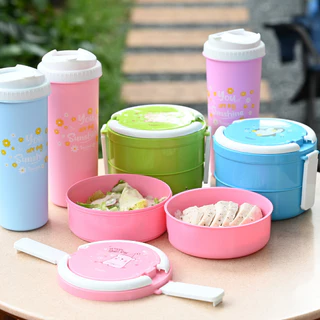 ️Eskimo ปิ่นโต 2 ชั้น กล่องใส่อาหาร พลาสติก เข้าไมโครเวฟได้ สีสันน่ารัก ลาย Happy Flower FC01