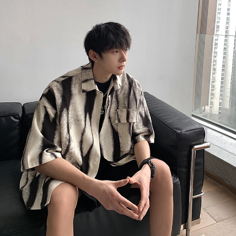 เสื้อเชิ้ตแขนสั้น ลายหินอ่อนขาวดำ สไตล์เกาหลี เชิ้ตโอเวอไซส์ ใส่ได้ทั้งชายและหญิง SS29