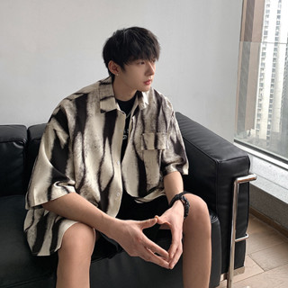 เสื้อเชิ้ตแขนสั้น ลายหินอ่อนขาวดำ สไตล์เกาหลี เชิ้ตโอเวอไซส์ ใส่ได้ทั้งชายและหญิง SS29