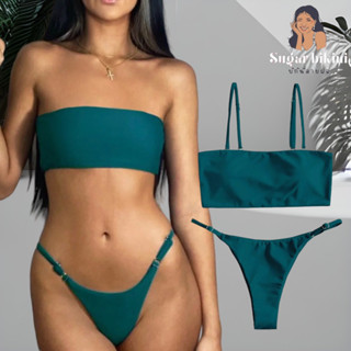 bikini สีเขียวนกยูง รุ่นนี้ถอดสายเป็นเกาะอกได้ สายปรับได้ ไซต์M