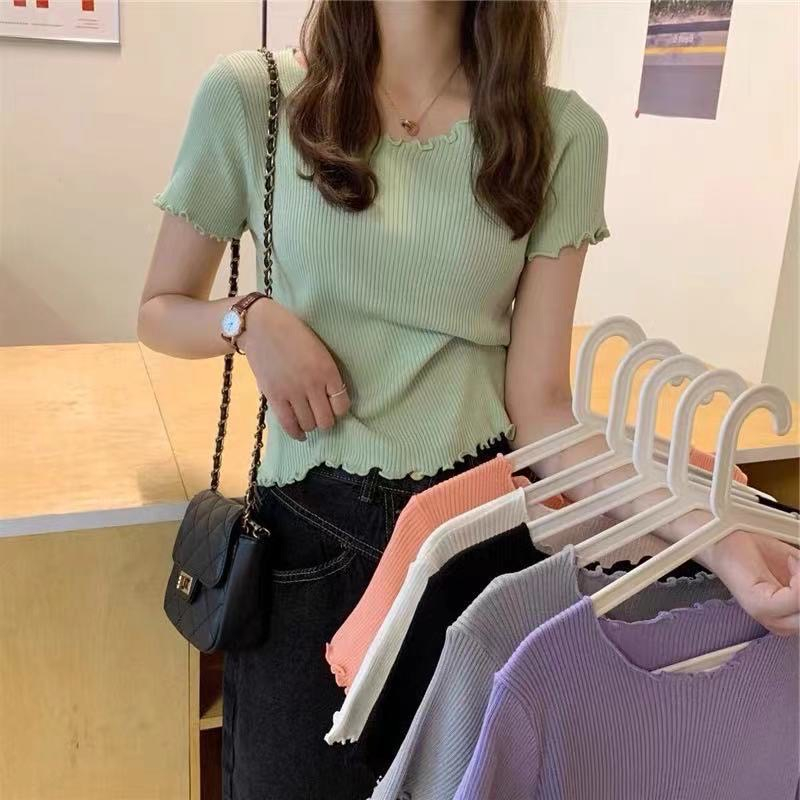 SHOP_MKL🌿เสื้อไหมพรม​แขนสั้นแต่งขอบหยัก ผ้าโปร่งทรงสวย​ #9915