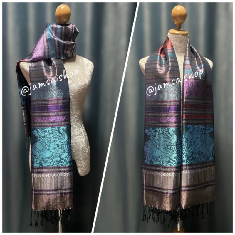 ผ้าคลุมไหล่ ผ้าพันคอผ้าไหมเทียมลายช้างมีหลายสี - รูปที่ 4