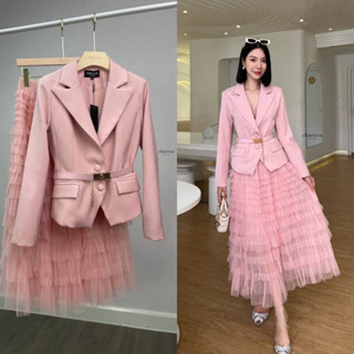 CHARISSA: Set Blazer+Skirt +เข็มขัดชมพู(Pink) (*รบกวนเช็คสต๊อกก่อนกดสั่งซื้อ)